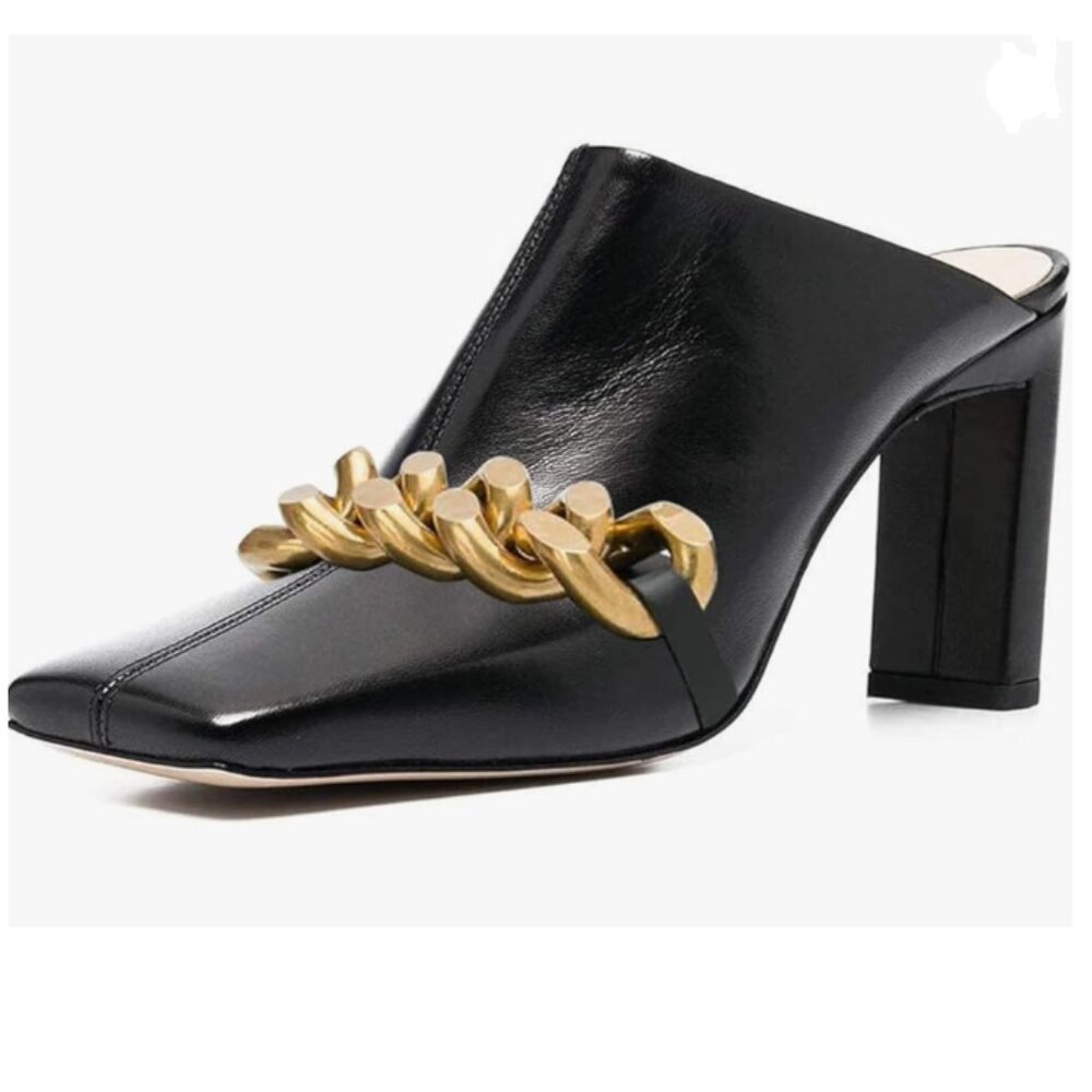 FSJ Black Gold Squared Toe Mules Slip On Chunky High Heels Backless Sandals
